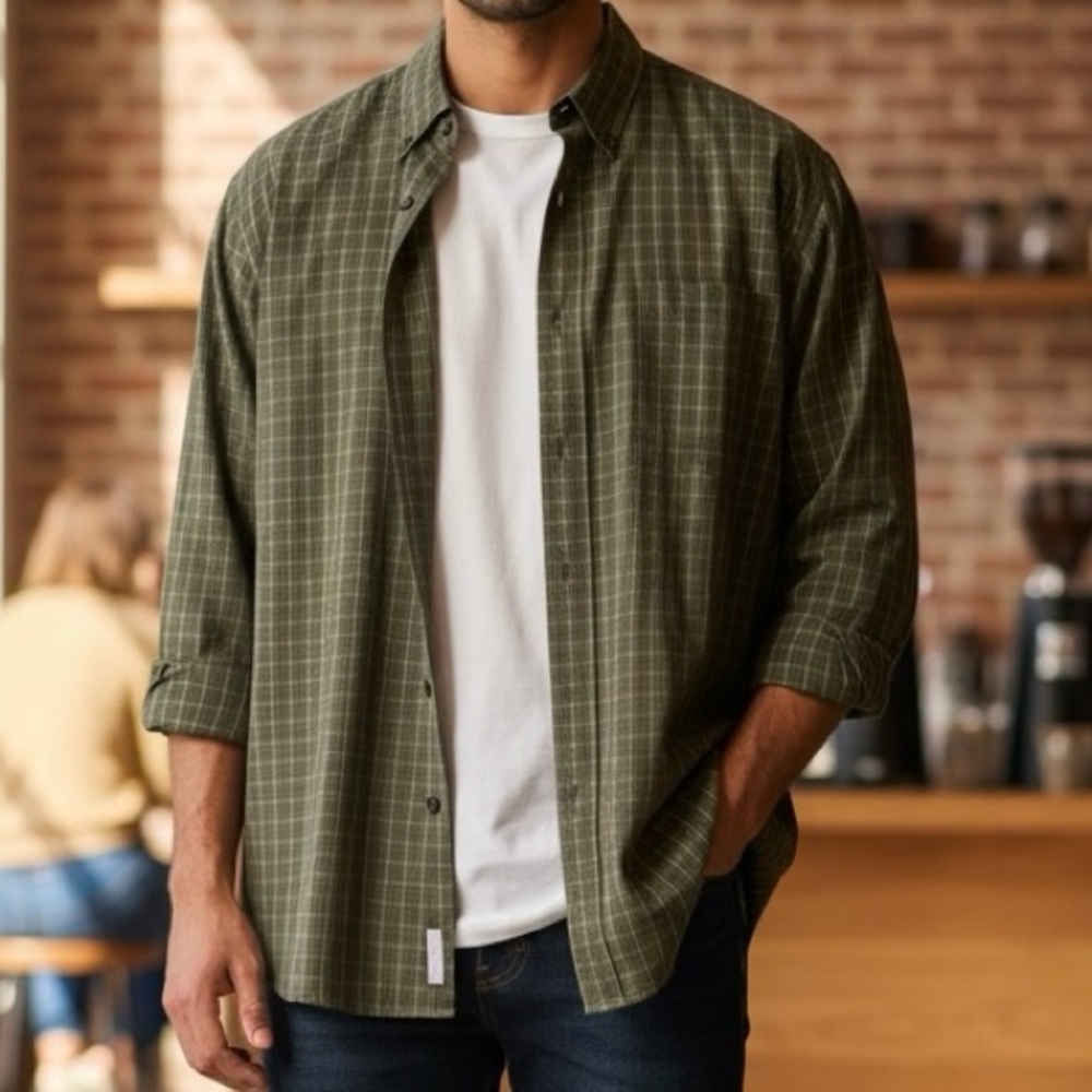 Arrow Wrinkle Free Men's size Large Olive Plaid Button up Casual Shirt